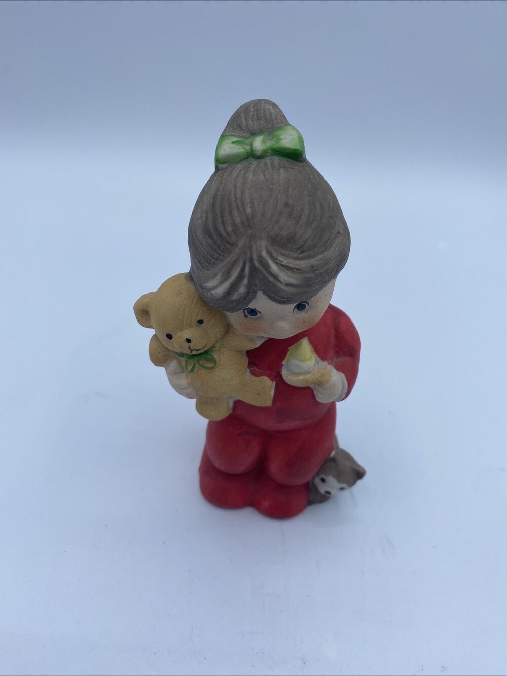 Vintage 1960s Potpourri FIGURINE Little girl in RED pajamas TEDDY CAT JASCO E3